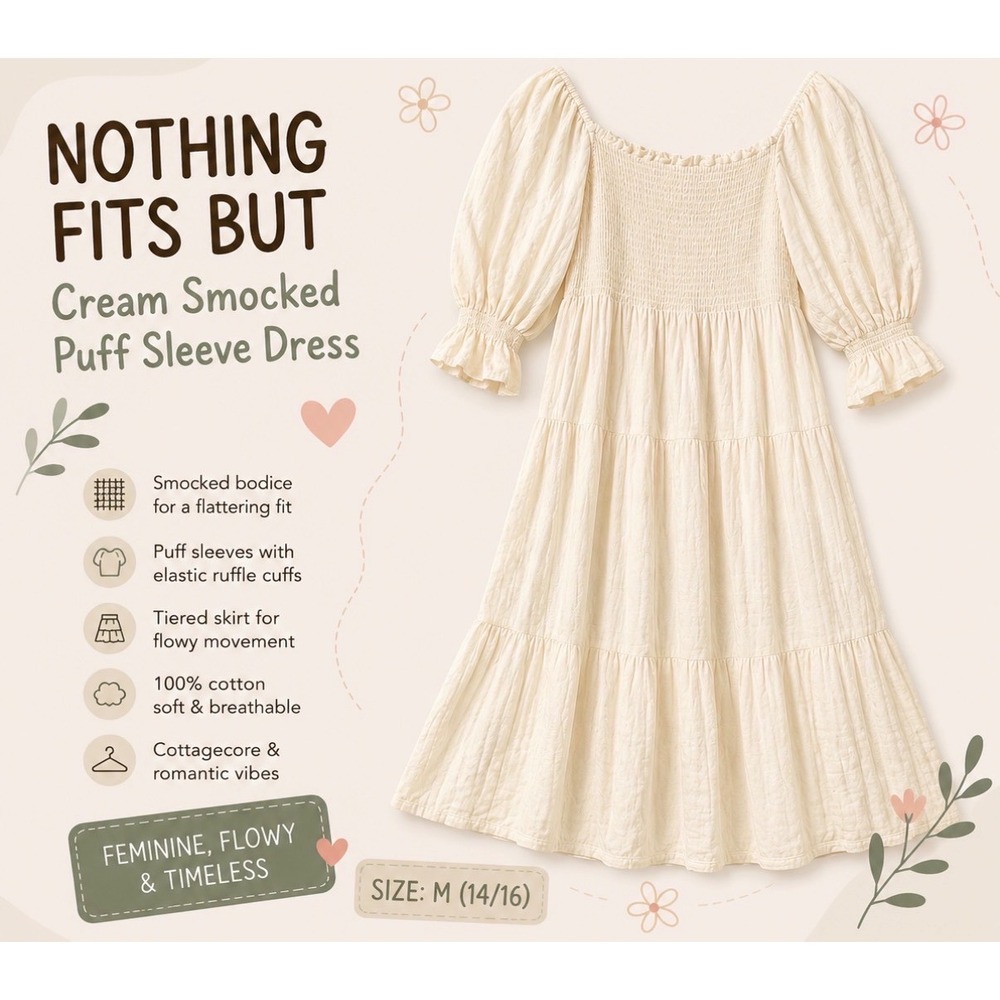 Nothing Fits But Cream Cotton Gauze Smocked Tiered Midi Dress Womens Size M/L